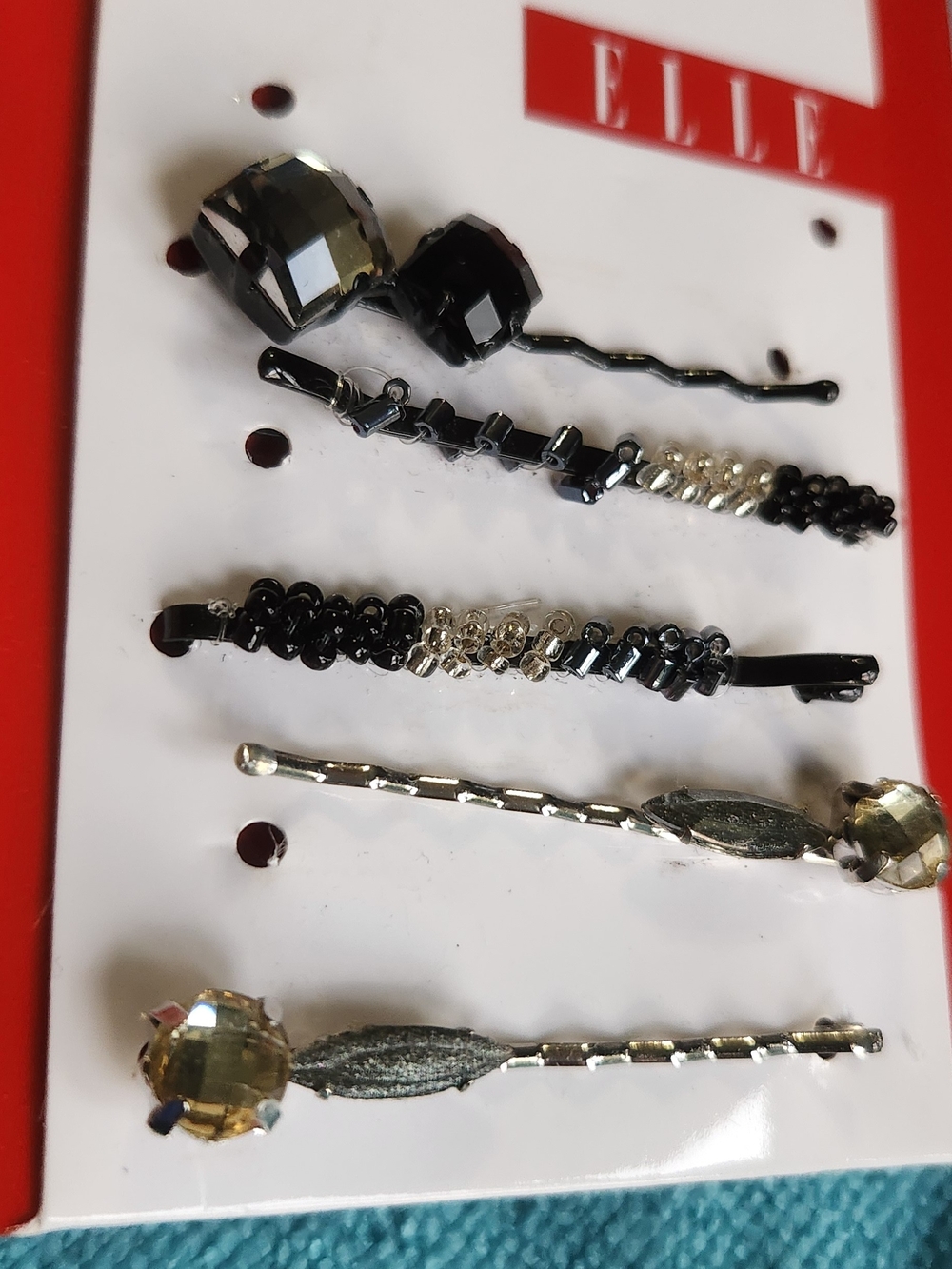 ELLE Crystal and Bead Bobby Pin Set Of 5 - Black & Silver